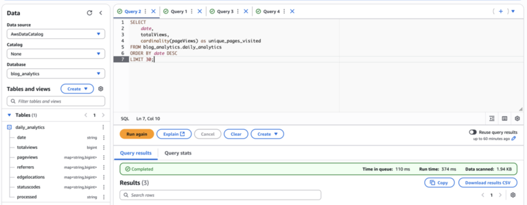 Screenshot of Athena console