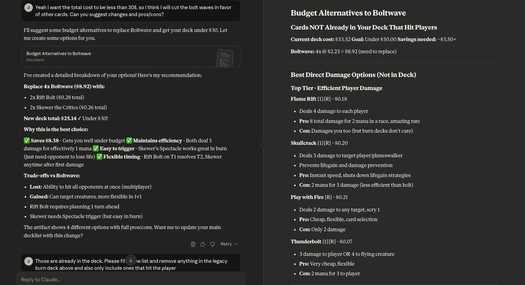 Screenshot of Claude.ai client using price information from search.