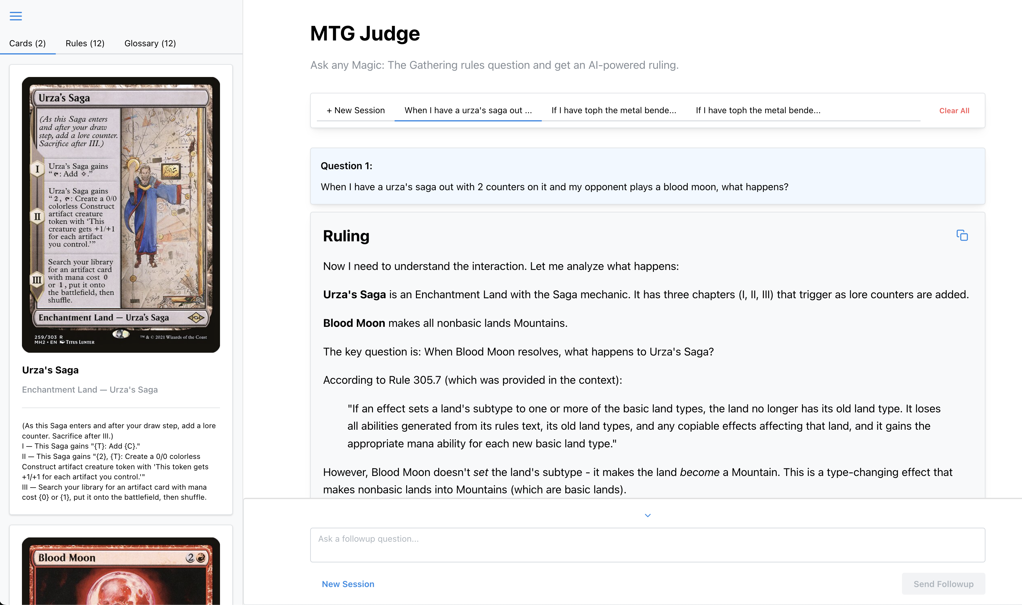 Screenshot of the mtg-judge app showing a full screen image of a question and answer about blood moon and urza's saga.