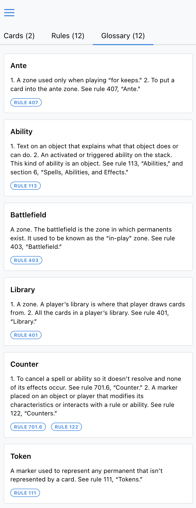 Screenshot of the mtg-judge app showing the sidebar with the glossary tab selected.